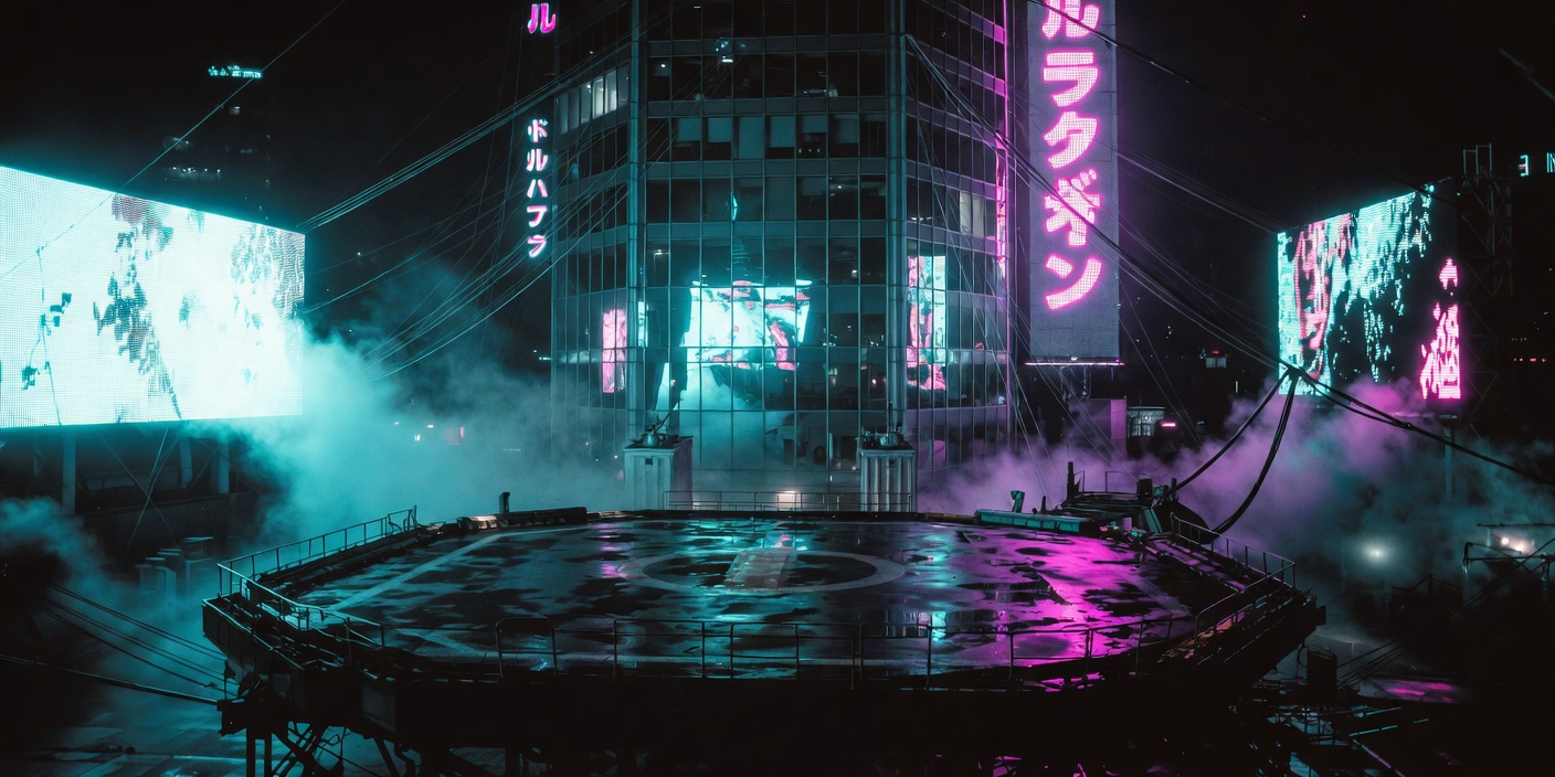Cyberpunk rooftop scene