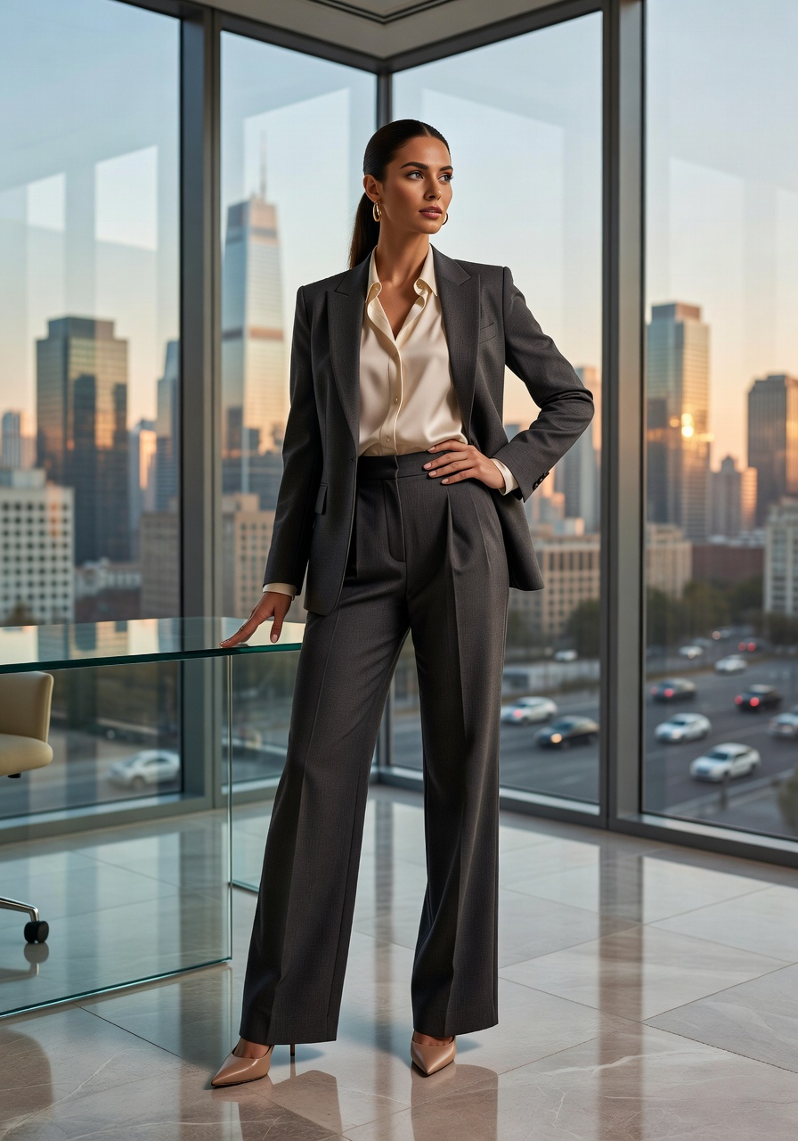 Power business suit in corner office