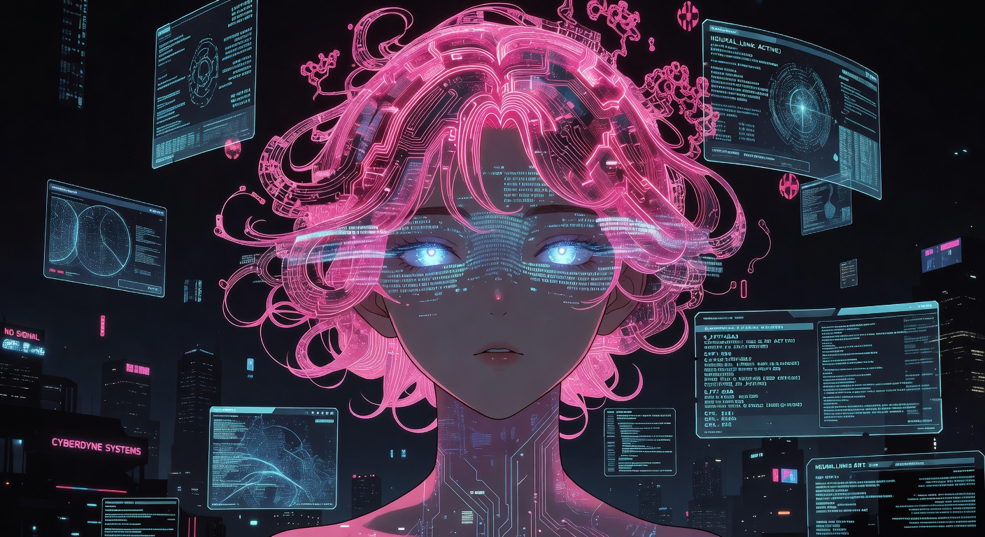 Anime Jill neon circuits hair cyberpunk