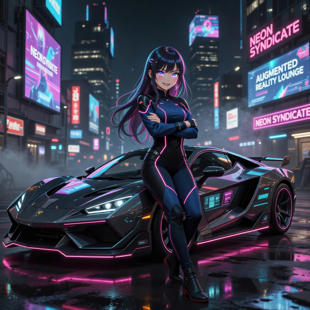 Jill leaning against sports car