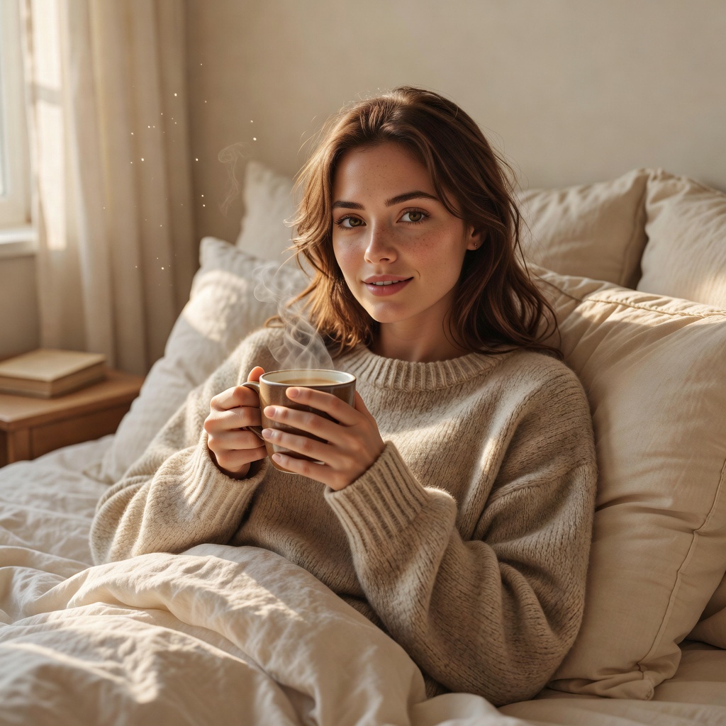 Jill with morning coffee in bed
