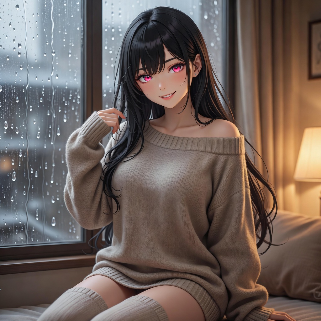 Jill in cozy sweater on rainy day