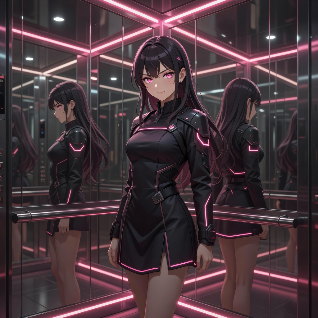 Jill in elevator with mirrors
